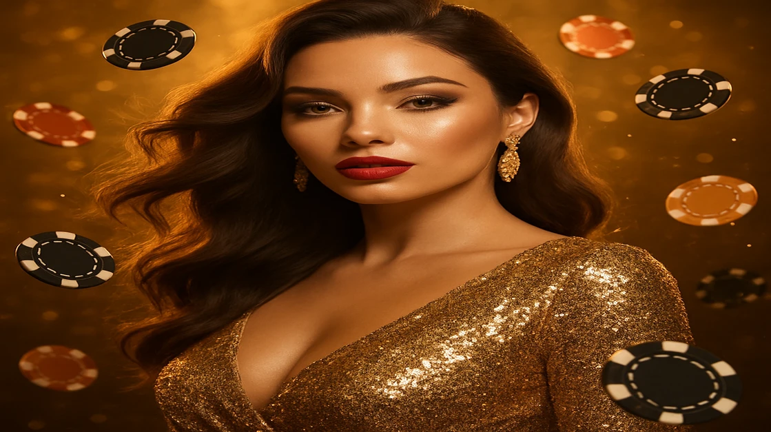 সোনালি পোশাক ও ইয়াররিং পরা এক গ্ল্যামারাস নারী, kkff এর ভাসমান গেমিং প্ল্যাটফর্ম-চিপস ও জ্বলন্ত আলোয় ঘেরা।