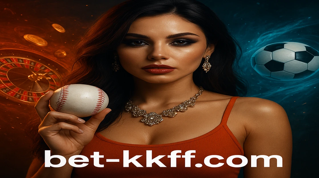 কমলা টপ পরা এক সাহসী নারী, ট্যাটুসহ, একটি বেসবল ধরেছেন; চারপাশে kkff–এর গেম-চক্র, টোকেন ও উড়ন্ত ফুটবল ছড়িয়ে আছে।