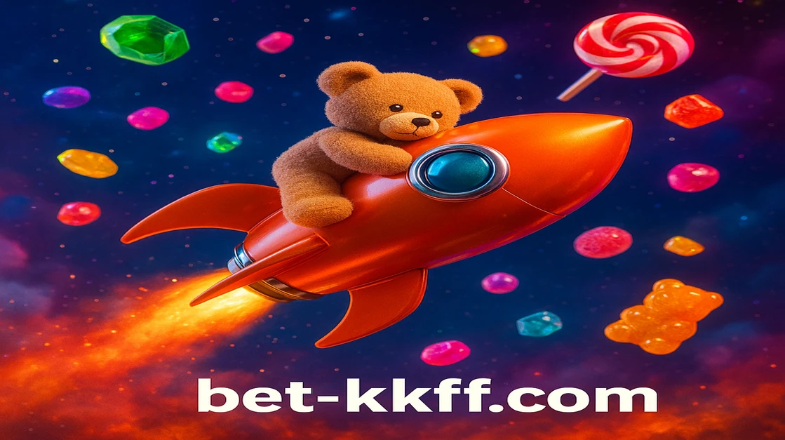kkff ব্র্যান্ড-লগসহ একটি মিষ্টি টেডি বিয়ার সোনালি রকেটে চড়ে, মহাকাশে উড়ন্ত রঙিন ক্যান্ডি ও মিষ্টান্নে ঘেরা অবস্থায় আছে।