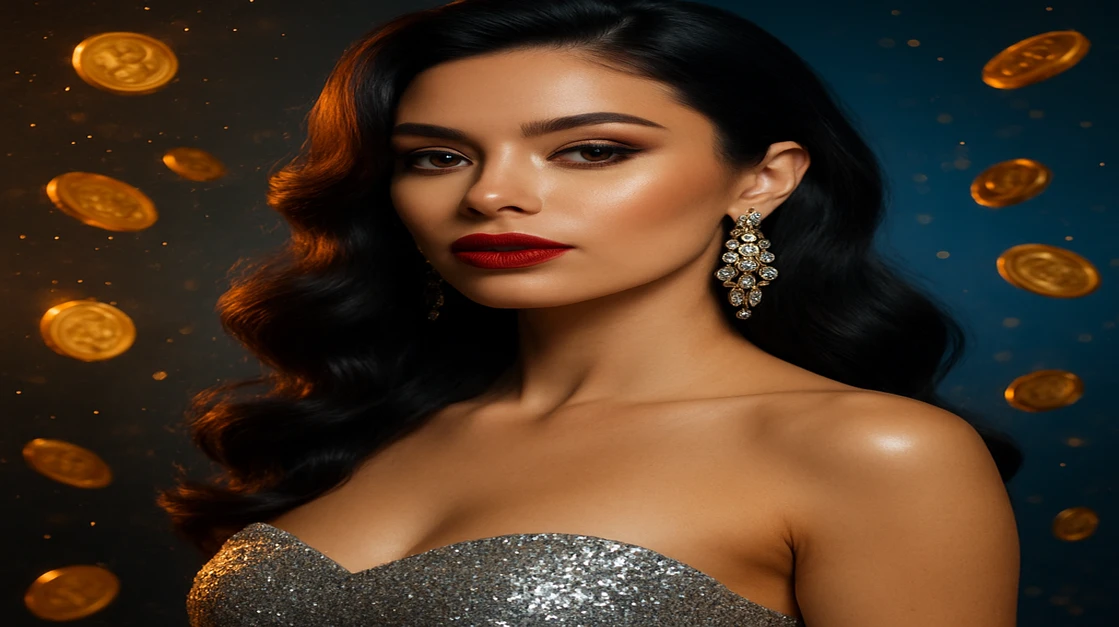 একজন জাঁকালো নারী, ঝলমলে পোশাকে, ভাসমান সোনালি মণি ও আলোকিত kkff গেমিং প্ল্যাটফর্ম-থিমযুক্ত পটভূমি সহ।