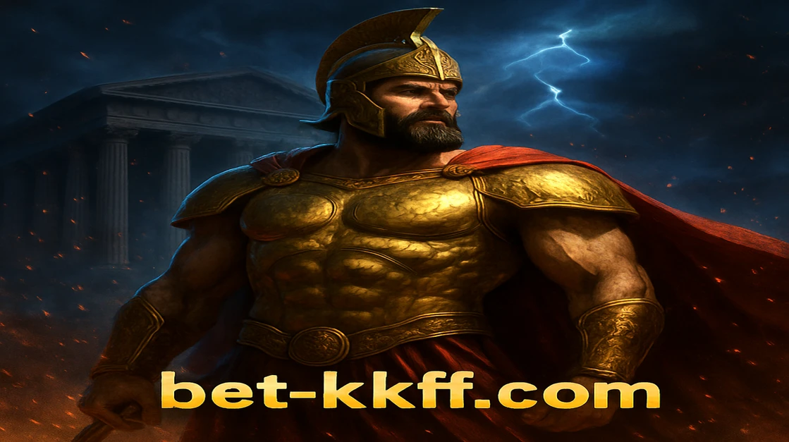 kkff-এর ডিজাইন অনুযায়ী স্বর্ণালী বর্ম ও লাল কোট পরা একটি শক্তিমান গ্রীক দেবতা রাতের অন্ধকারে জ্বলন্ত ওলিম্পাস মন্দিরের সামনে দাঁড়িয়ে আছে।
