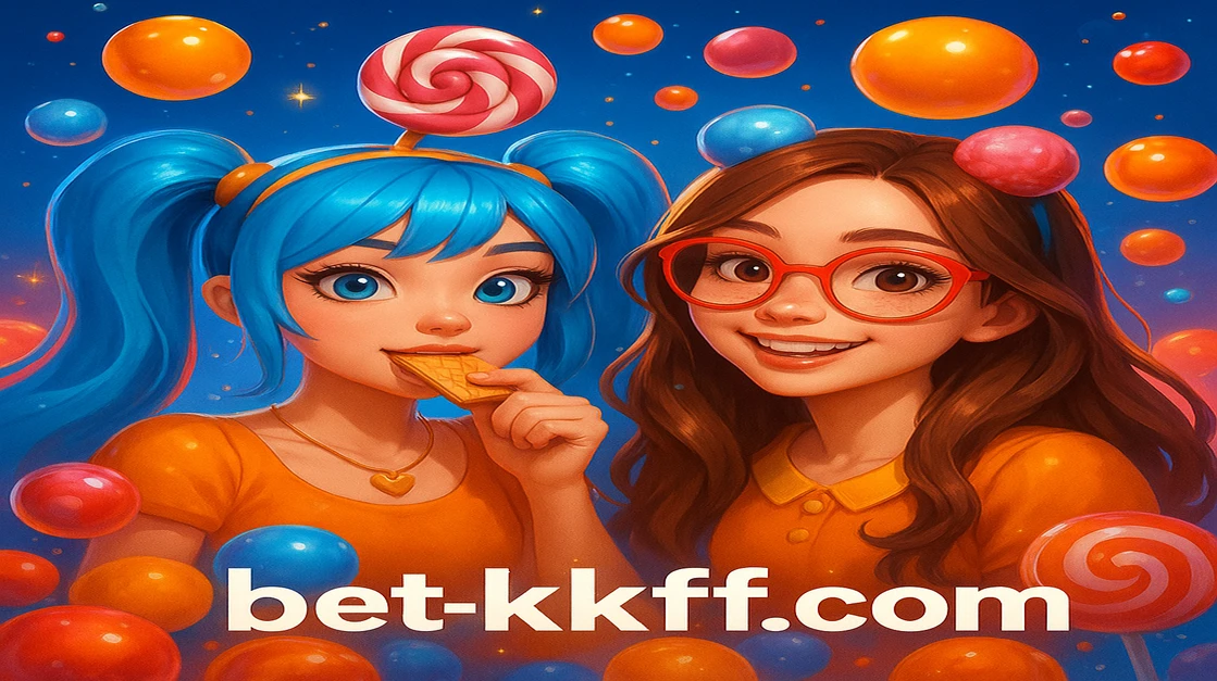 kkff-এর নকশা অনুযায়ী দুজন কার্টুন মেয়ে লোলিপপ ও রঙিন ক্যান্ডি ঘিরে ছড়িয়ে আছে, নিচে Sweet Bonanza লেখা দেখা যাচ্ছে।